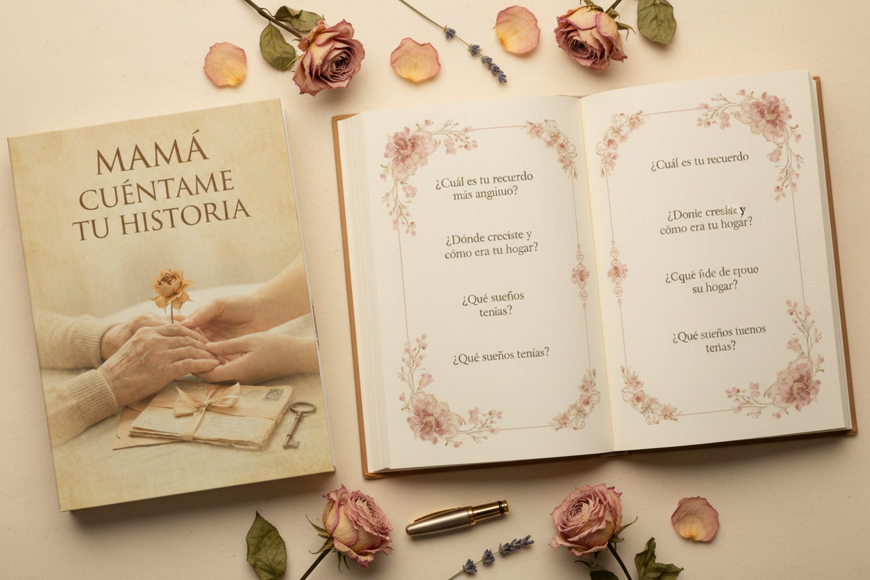 Interior del libro con páginas abiertas y detalles en rosa